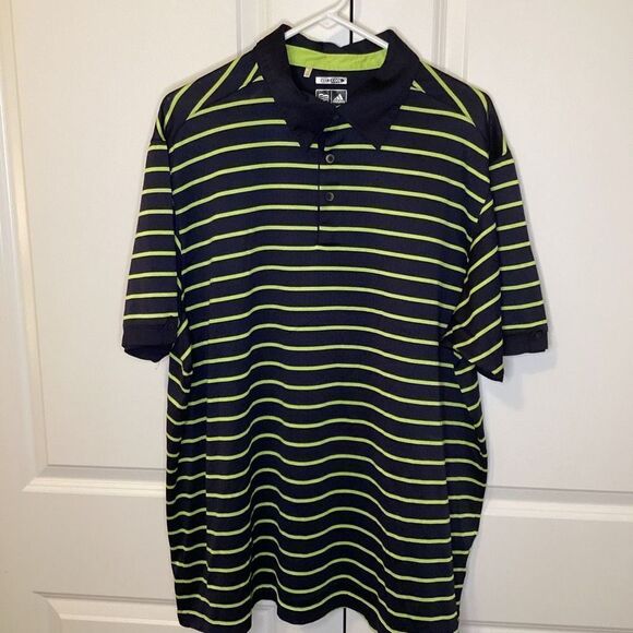 Mens‎ Adidas Climacool Golf Polo striped 2XL navy Blue & Lime Green - Picture 1 of 2